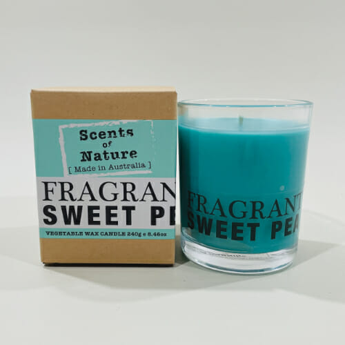Fragrant Sweet Pea Candle 240g image. Made with premium vegetable based soy wax, cotton wick. Delivering Australia wide. Phone 51744-888