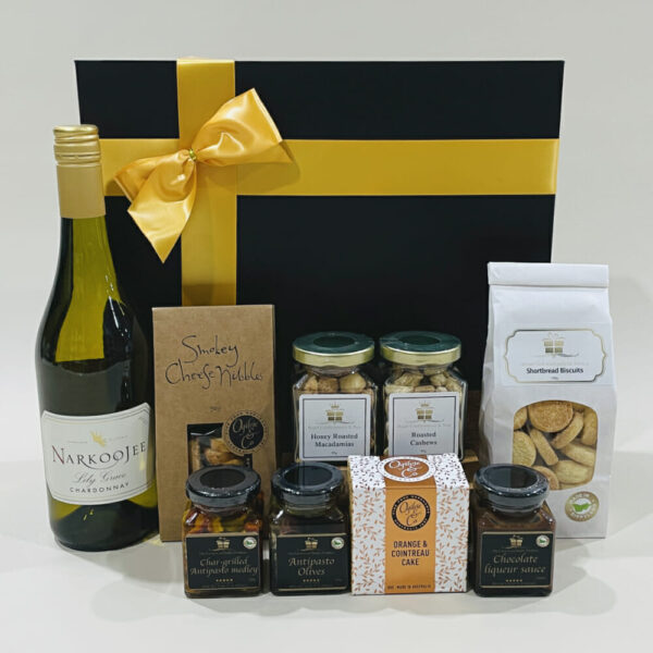 Antipasto Hamper image. Antipasto olives & medley, tasty sweets, savoury treats, nibbles, Jacob’s creek classic wine. Online /Ph 03 51744888