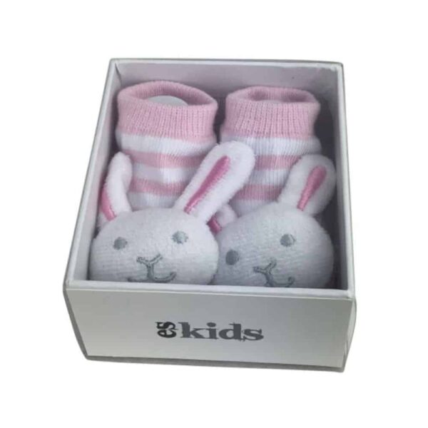 Baby Socks with Rattles Pink image. These gorgeous pink bunny socks come with rattles in the toes (0-6mths). Buy Online or Ph: 03-5174-4888