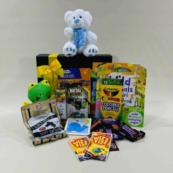 Hamper for kids | Boys Fun Activity Pack. Activity colouring books pencils stickers teddy, puzzles mini car choc’s & Sweets.