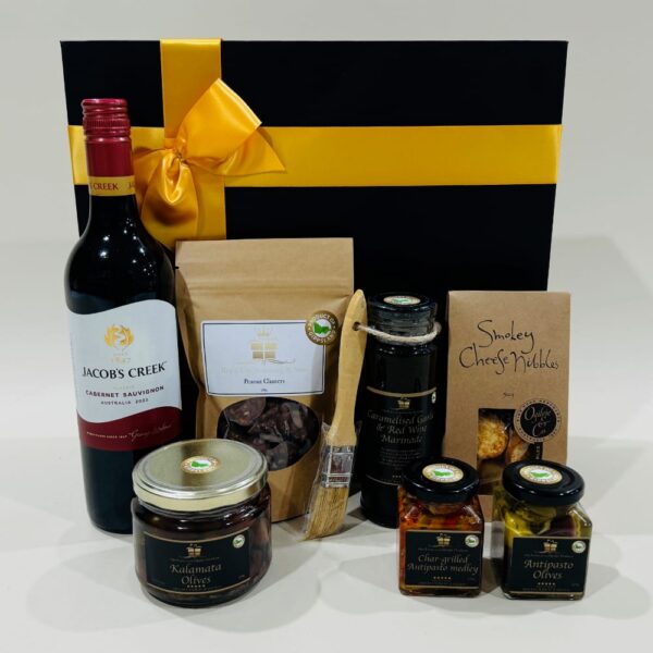 Mediterranean Gift Hamper Image. Caramelised garlic & red wine marinade Kalamata olives antipasto snack choc coated almonds. Ph: 03 51744888