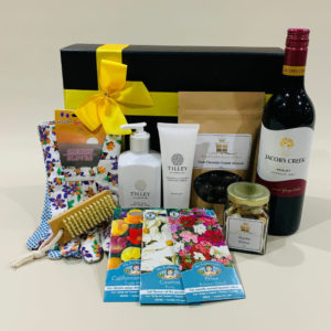 Gardening Gift Hamper image - Flower seeds, garden gloves, bamboo nail brush hand & body wash, healthy nibbles. Online or Phone 03 5174 4888