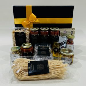 Vegan Gift Hamper'Mediterranean Hamper image. Pasta & sauces, truffle oil, dukkah, Nibbles & Chardonnay pears. Online or phone 03-5174-4888