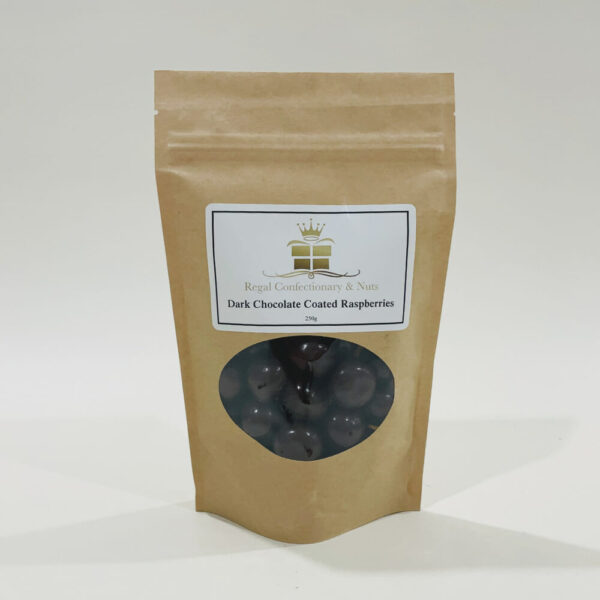 Dark Chocolate Coated Raspberries 250g image. Raspberries jellies covered in the most scrumptious dark chocolate. Online or Ph: 03-5174-4888