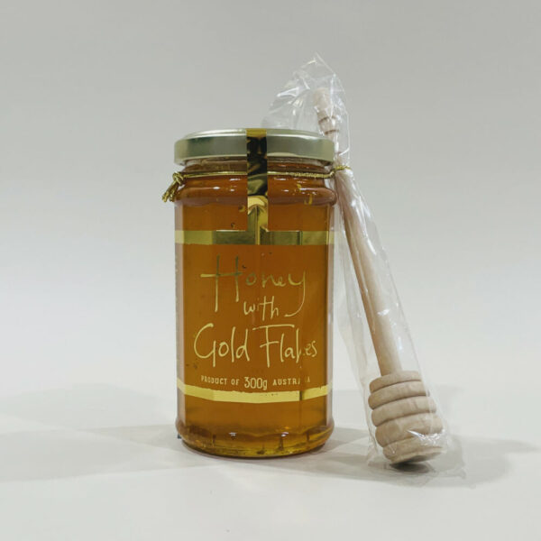 Honey with Gold Flakes with Dipper 300g image. Pure West Australian Honey infused with 23 carat Gold Flakes. Online or Phone 03-5174-4888