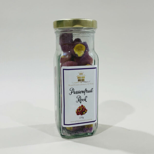 Passionfruit Rock Candy 170g image. A sweet and crunchy treat with a tropical twist, beautifully gift-packed for your enjoyment.