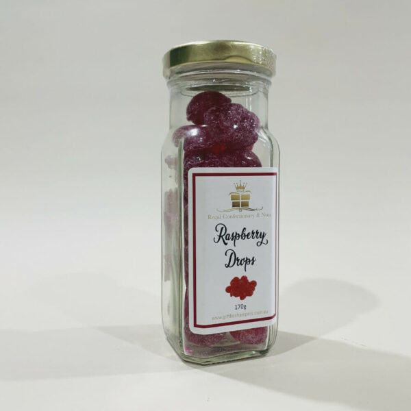Raspberry Drops 170g Image. Delicious sour then sweet raspberry drops to enjoy.