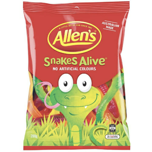 Allens Snakes Alive 200g.Australian-made Allen's Snakes Alive 200g confectionery in red bag with "NO ARTIFICIAL COLOURS" with, nutrition information details such as quantity per serving and per 100g.