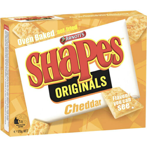 Arnott's Shapes Crackers Biscuits Cheddar 175g. A delicious snack with savoury flavour.