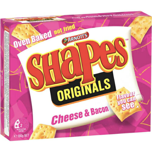 Shapes Originals Cheese & Bacon Crackers - Arnott's 180g. A delicious snack with savoury cheese and bacon flavours.
