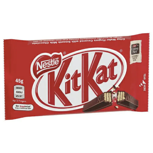 Kit Kat Original 45g image. 45g Kit Kat chocolate bar with red and white wrapper, displaying the iconic Kit Kat logo.