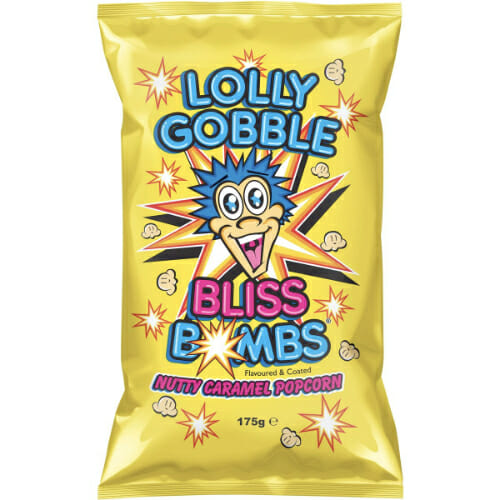 Lolly Gobble Bliss Bombs, Flavoured & Coated Nutty Caramel Popcorn 175g.