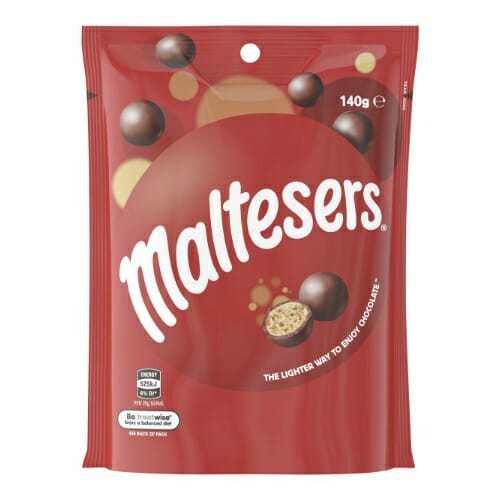 Maltesers chocolate balls, 140g. Image shows a pack of Maltesers, a popular milk chocolate snack, weighing 140g.