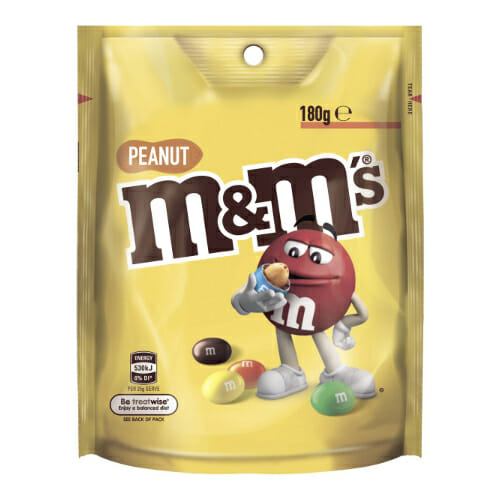 M&M's Peanut Milk Chocolate Snack & Share Bag (180g). Milk chocolate covered peanuts in a thin crisp shell.