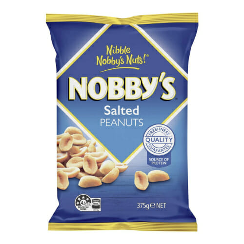Nobby's Salted Peanuts 375g. Nobby's Salted Peanuts: A 375g pack of delicious and savoury salted peanuts. Perfect for snacking or entertaining.