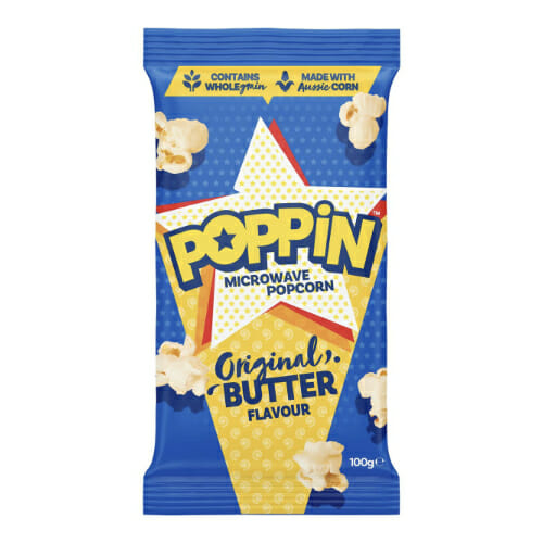 Popping Microwave Popcorn Butter Flavour 100g: A pack of original butter-flavoured popcorn, ready to be popped in the microwave.