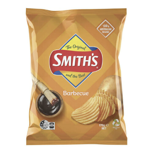 Smith's Crinkle Cut Potato Chips Barbecue 170g, gluten free, made in Australia for over 50 years. Uses top quality Aussie potatoes.