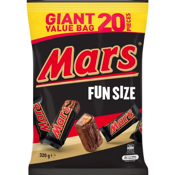 Mars Chocolate Party Share Bag 20 Piece 320g Mars fun size chocolate bar. Giant value bag of 20 individually wrapped Australian made bars. Perfect for parties, lunch treats, and road trips.