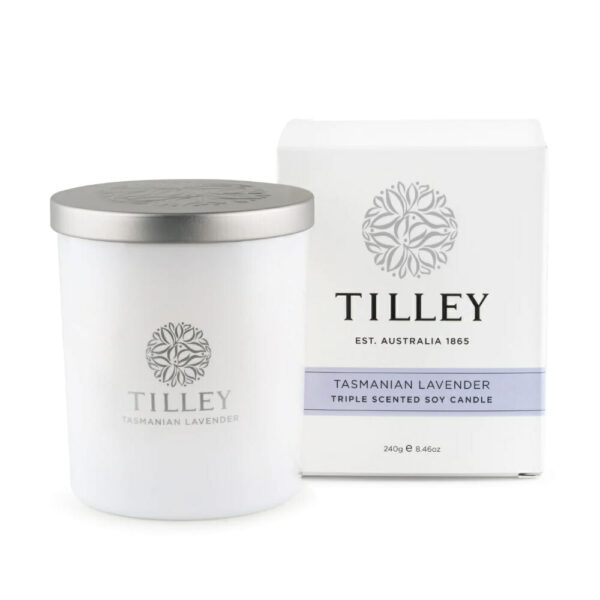 Tasmanian Lavender Soy Candle 240g image. Made with premium vegetable based soy wax, fragrances & a cotton wick. Online Phone 03 5174-4888