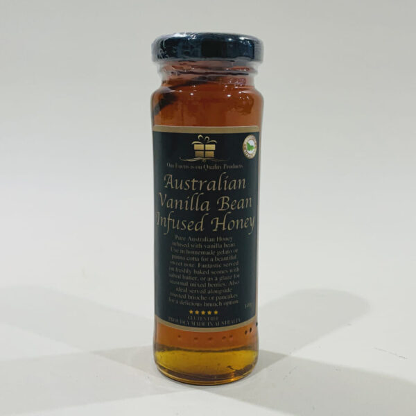 Australian Vanilla Bean Infused Honey 140g image. Vanilla bean honey, makes an excellent gift for the foodie in your life. Ph: 03-5174-4888