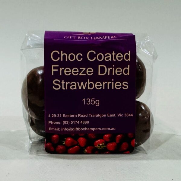 Milk Chocolate Freeze Dried Strawberries image. Picked & freeze dried at peak freshness generously enrobed in pure milk chocolate. Ph 03 51744888