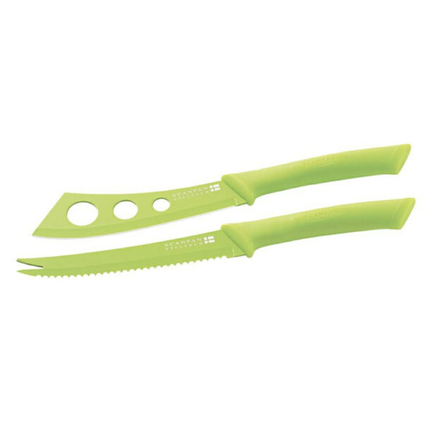 Scanpan Soft Touch Spectrum Coloured Handle Cheese Knife set. Two green knives with handles on a white background. Precision cutting.