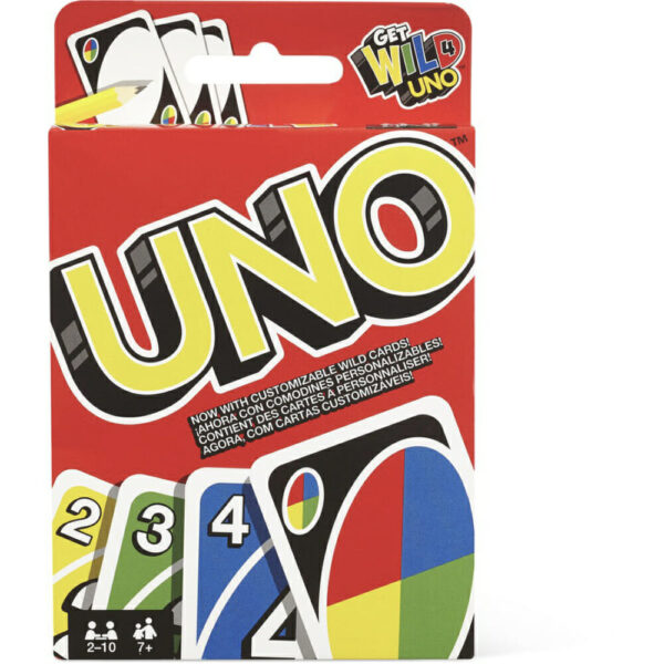 Uno Playing Cards. A box of Uno Playing Cards with four colourful cards pictured on the box.