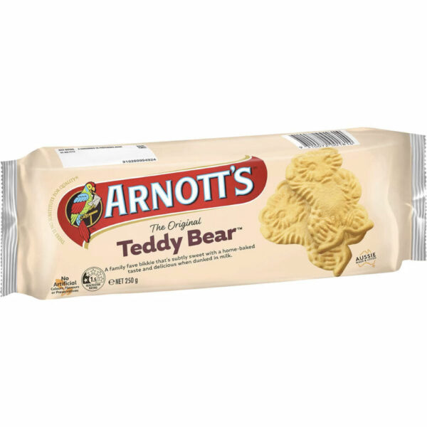 Arnott's Teddy Bear Plain Biscuits Biscuits 250g Image.Arnott’s Teddy Bear is a family favourite bikkie that’s sweet with a home-baked taste