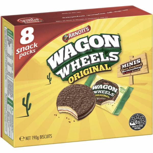 Arnott's Wagon Wheels Multipack Chocolate Biscuits 8 Pack image. Wagon Wheels Original is a choc-coated marshmallow and jam biscuit snack.