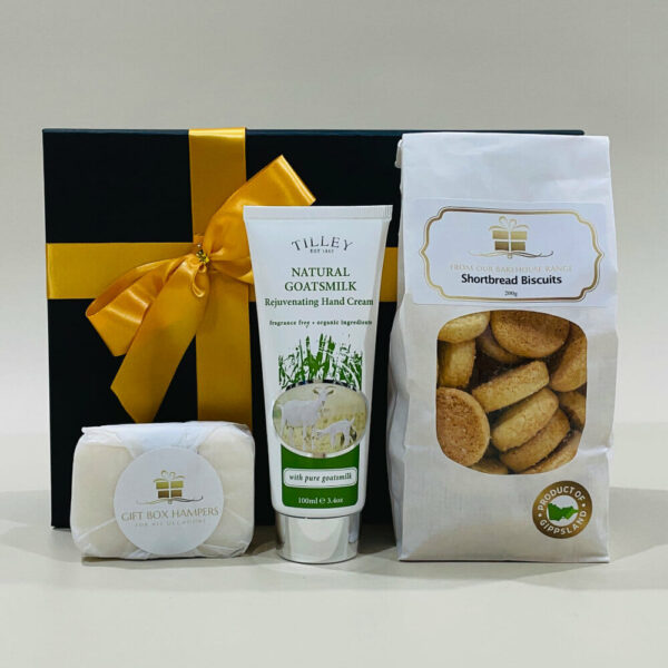 Pamper Treat Box. Features Goats Milk hand cream and soap. A choice of Butter Shortbread, Raspberry & White Choc Biscuits, or Anzac Biscuits. And gift card.