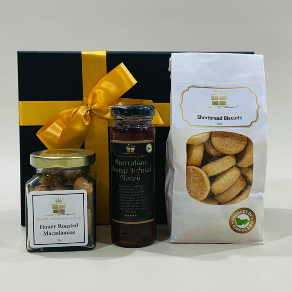 Taste Sensation Gift Pack. A gift box featuring cookies. Filled with Australian honeys, quality nuts/chocolates, shortbread, raspberry & white choc biscuits or Anzacs.