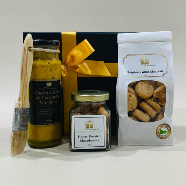 Elegance in a Box with a choice of marinades and a variety of Butter Shortbread, Raspberry & White Choc Biscuits, or Anzacs & nuts. Makes an impressive corporate gift.