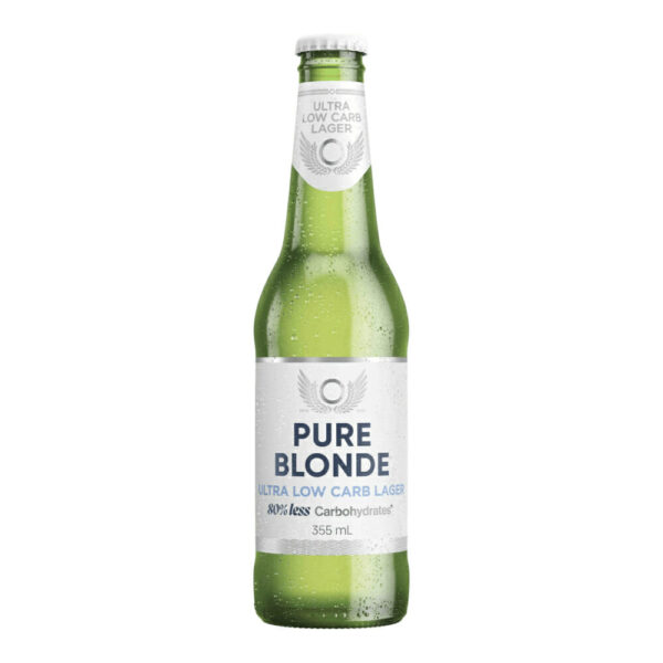 Pure Blonde Ultra Low Carb Lager Bottle 355ml image. Ultra Low Carb beer, Pure Blonde a full flavoured lager, brewed with no preservatives.
