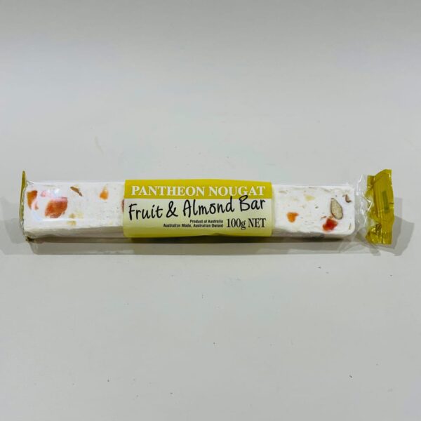 "Pantheon Nougat Fruit Almond Bar 100g : A delicious blend of fruits, nougat, and almonds on a white background."