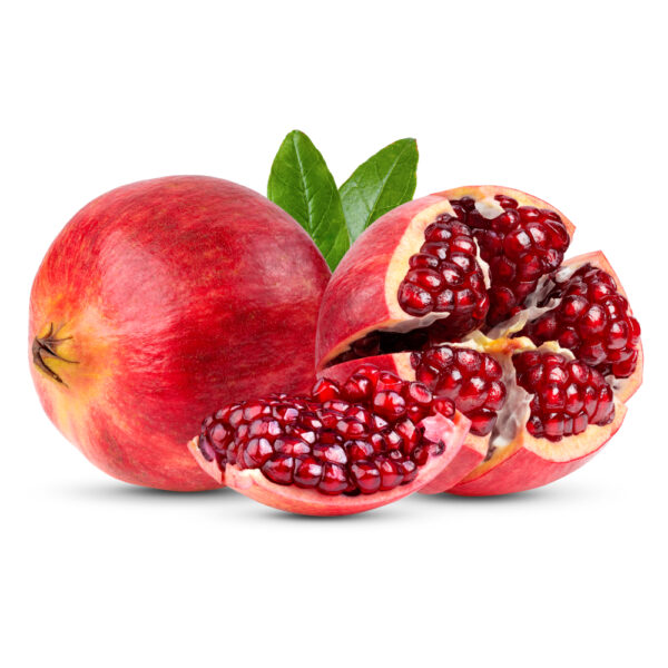 Pomegranates image. Vibrant and fresh pomegranate fruit and leaves ready to eat.