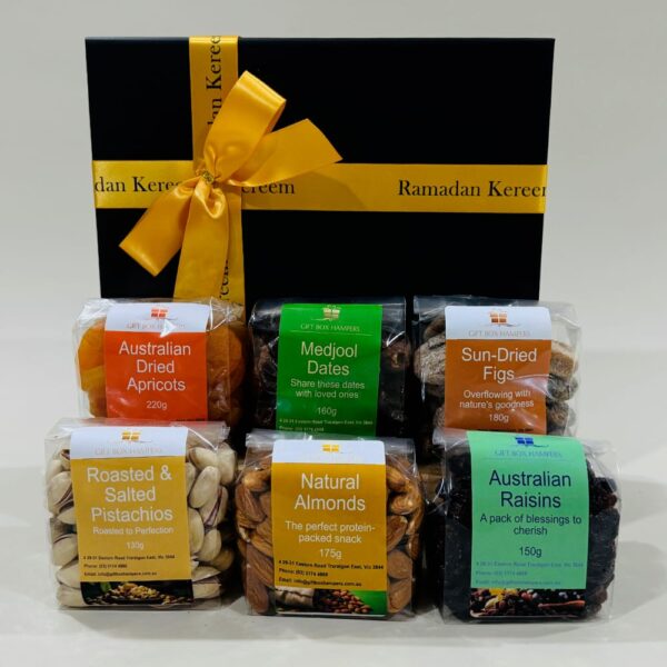 Ramadan Survival Kit gift hamper. A gift box filled with nuts Medjool dates, sun-dried figs, apricots, almonds, raisins, and pistachios.