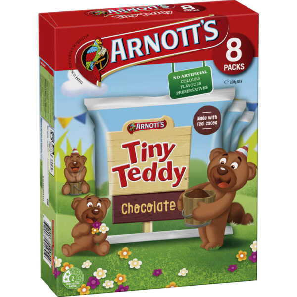 Arnott's Tiny Teddy Chocolate Multipack Biscuits 8 Pack image. Delicious Tiny Teddy chocolate biscuits, individually wrapped treats.