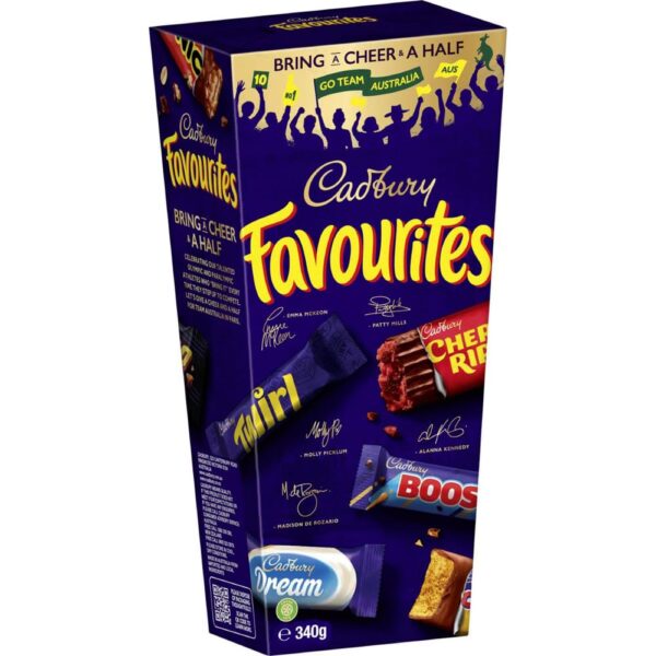 Cadbury Favourites 340g image.Cadbury Favourites chocolate bar: A 340g box of assorted chocolates, offering a delightful mix of flavours and textures. Fun pack made for sharing.