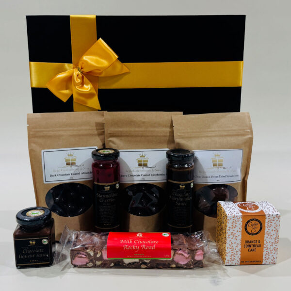 Chocolate Lovers Gift Hamper. choc nuts & raspberries, rocky road, orange cointreau cake and chocolate sauce. Online or Ph: 03 5174 4888