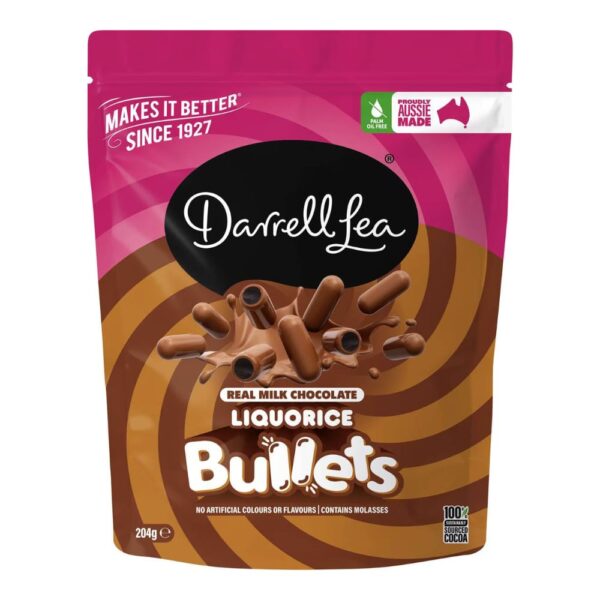 Darrell Lea Milk Chocolate Liquorice Bullets Image. Milk Chocolate Bullets are coated in, smooth chocolate and a soft liquorice centre.