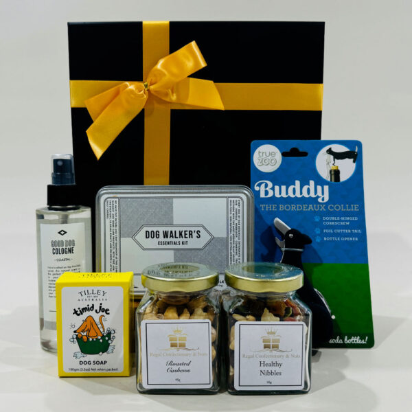 Dog Lovers Gift Box image. This dog walkers essentials gift hamper is the ideal gift hamper for the dog lover. Online or Phone 03 5174 4888