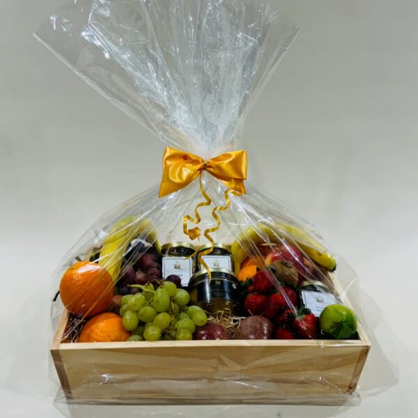Fruit Box Hamper Chardonnay Pears and Nuts Gift Hamper Seasonal Fruit Macadamias Cashews Nuts Nibbles in a Crafted Wooden Box.