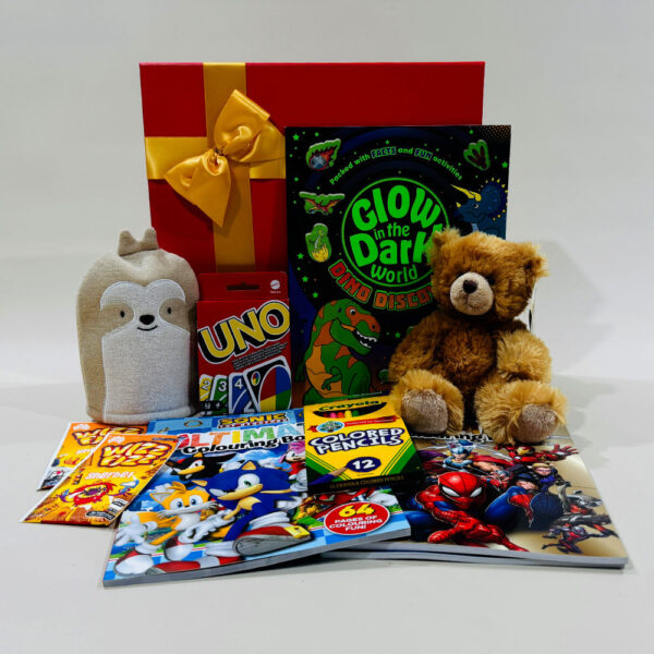 Hamper For Boys Fun Activity Hamper image. Colouring Books Pencils Stickers Novelty Bathing Glove Teddy and more.Online / Phone 03 5174-4888
