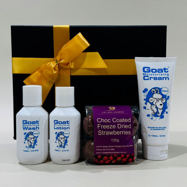 Luxury Skin Care Gift Set featuring body lotion, body wash, hand & nail cream, and chocolates.
