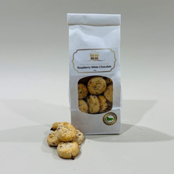 Raspberry White Chocolate Biscuits 200g image. Sweet indulgence of delicate raspberry & creamy white chocolate. Online or Ph 03-5174-4888