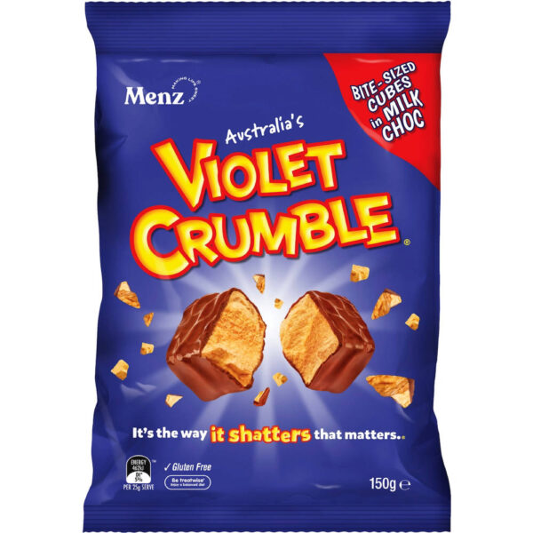 Violet Crumble Bites 150g image. Violet Crumble Bites, containing bite-sized honeycomb cubes covered in delicious milk chocolate.