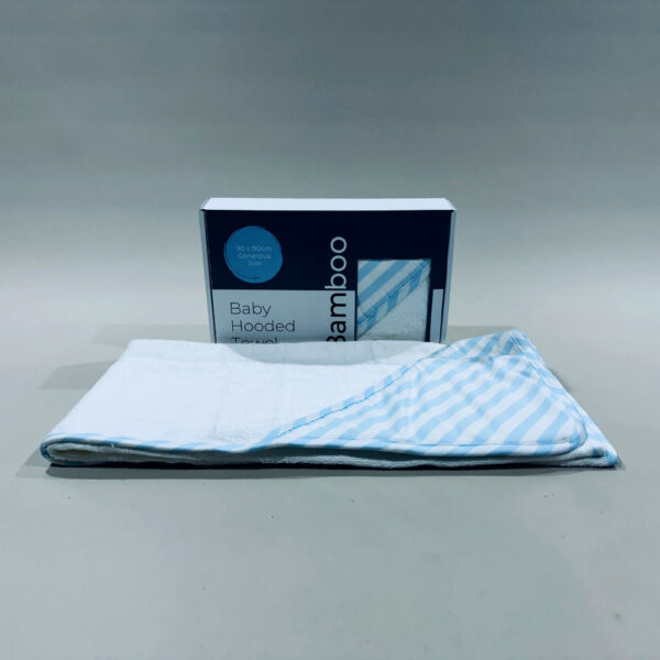 A charming blue and white striped bamboo hooded towel, perfect for babies and toddlers, measuring 90x90cm.
