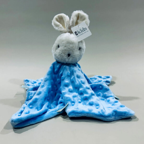 Bunny Comforter Blue image. Soft, cuddly blue bunny comforter. With embroidered eyes nose perfect for newborns. Online or ph 03 51744888